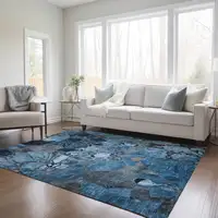 Photo of Blue and Gray Floral Washable Non Skid Indoor Outdoor Area Rug