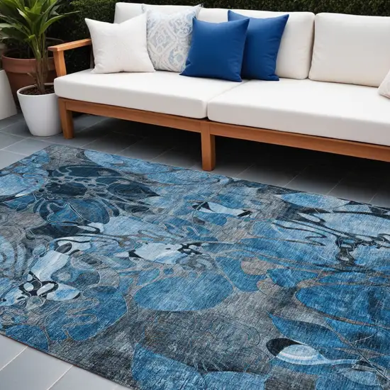 Blue and Gray Abstract Washable Indoor Outdoor Area Rug Photo 1