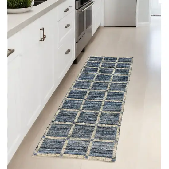 3' X 8' Blue And Gray Grid Runner Rug Photo 1