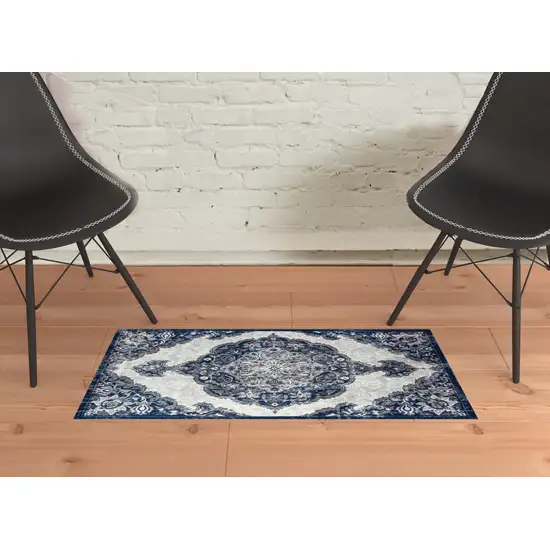 Blue and Gray Medallion Power Loom Area Rug Photo 3