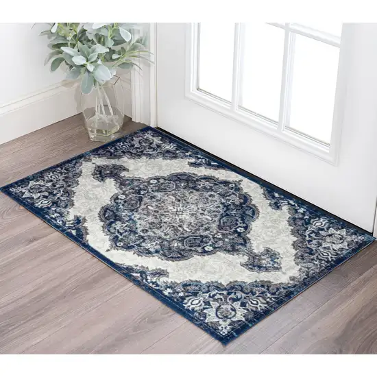 Navy and Ivory Medallion Power Loom Area Rug Photo 1