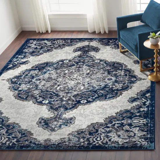 Blue and Gray Medallion Power Loom Area Rug Photo 4