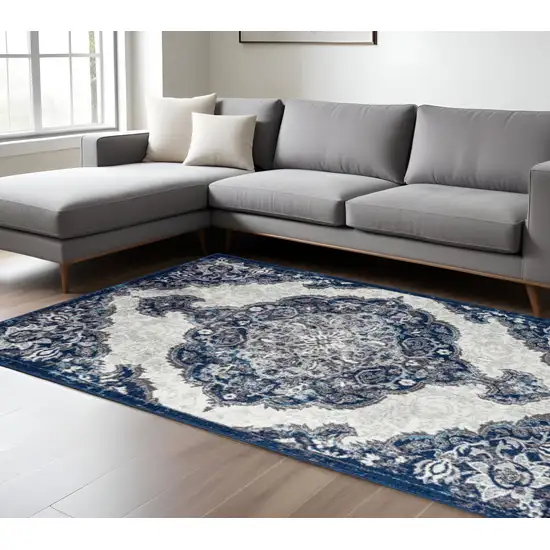 Navy and Ivory Medallion Power Loom Area Rug Photo 1