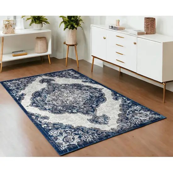 Blue and Gray Medallion Power Loom Area Rug Photo 1