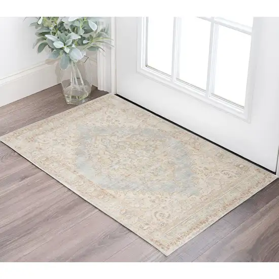 Beige and Gray Medallion Power Loom Worn Faded Area Rug Photo 1