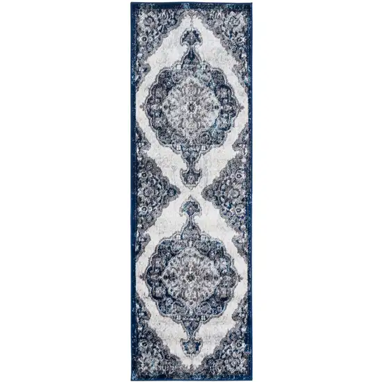 Blue and Gray Medallion Power Loom Runner Rug Photo 1