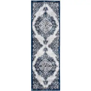 Photo of Blue and Gray Medallion Power Loom Runner Rug