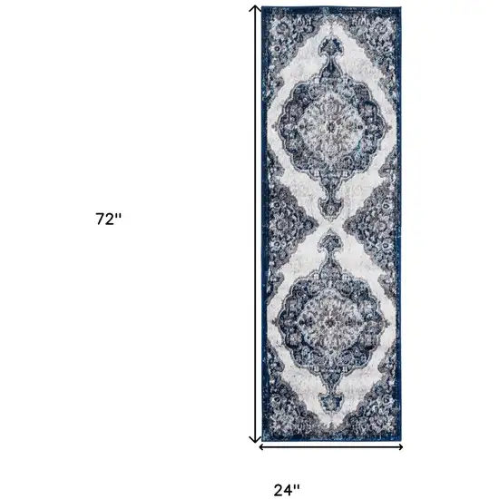 Blue and Gray Medallion Power Loom Runner Rug Photo 5