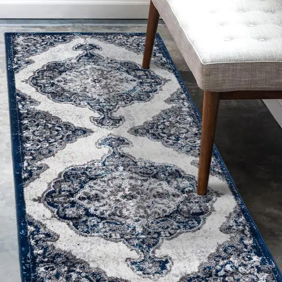 Blue and Gray Medallion Power Loom Runner Rug Photo 4