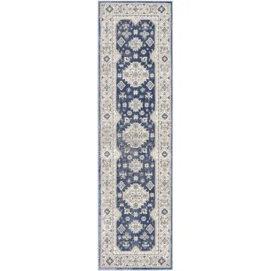 Blue and Gray Medallion Power Loom Runner Rug Photo 2