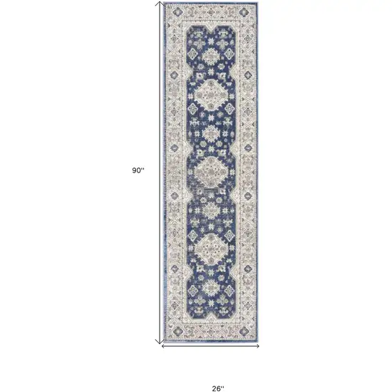 Blue and Gray Medallion Power Loom Runner Rug Photo 3