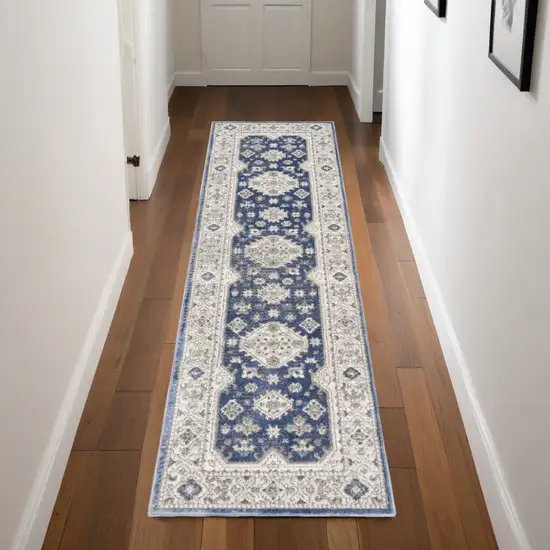 Blue and Gray Medallion Power Loom Runner Rug Photo 1