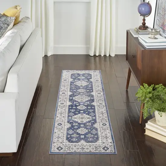 Blue and Gray Medallion Power Loom Runner Rug Photo 8