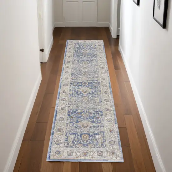 Blue and Gray Oriental Power Loom Runner Rug Photo 1