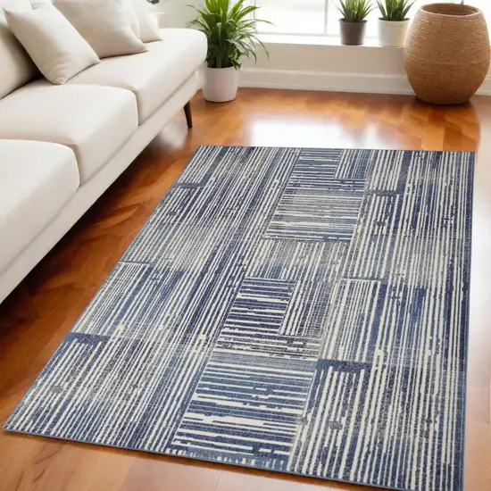 Blue and Gray Striped Power Loom Area Rug Photo 1