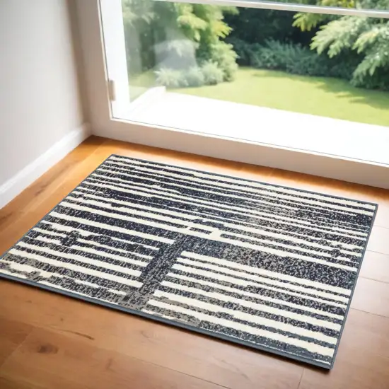 Blue and Gray Striped Power Loom Area Rug Photo 1