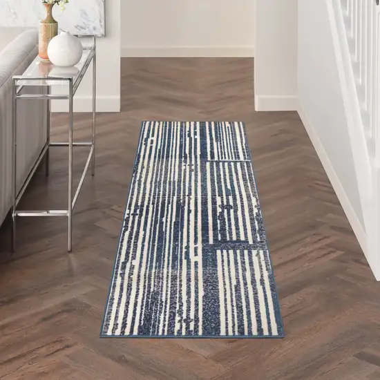 Blue and Gray Striped Power Loom Runner Rug Photo 9