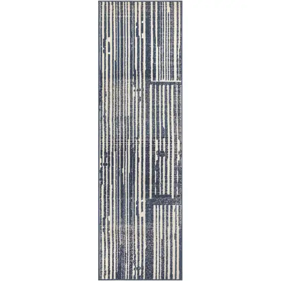 Blue and Gray Striped Power Loom Runner Rug Photo 2