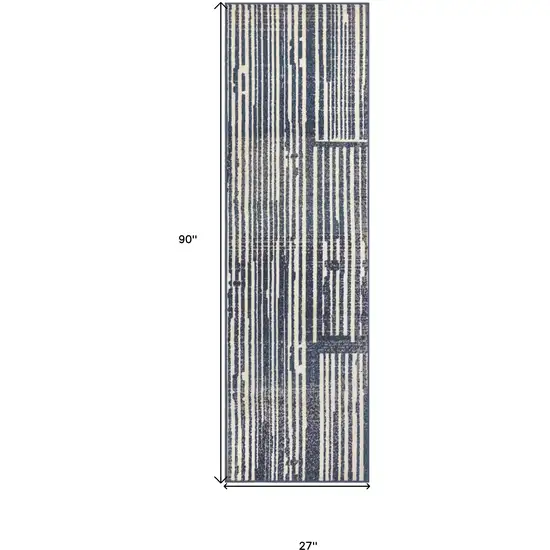 Blue and Gray Striped Power Loom Runner Rug Photo 3