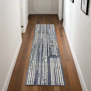 Photo of Blue and Gray Striped Power Loom Runner Rug