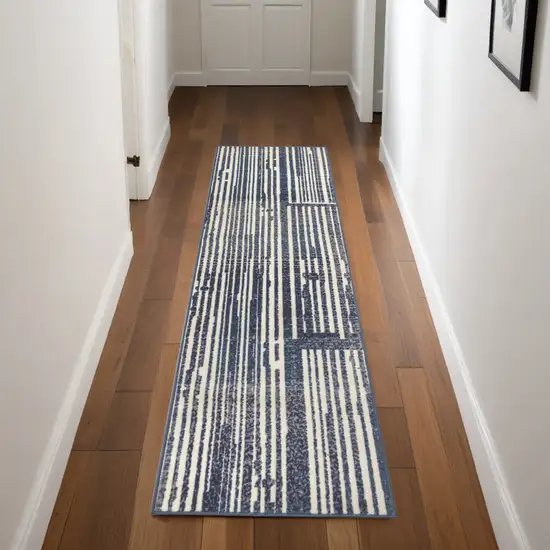 Blue and Gray Striped Power Loom Runner Rug Photo 1