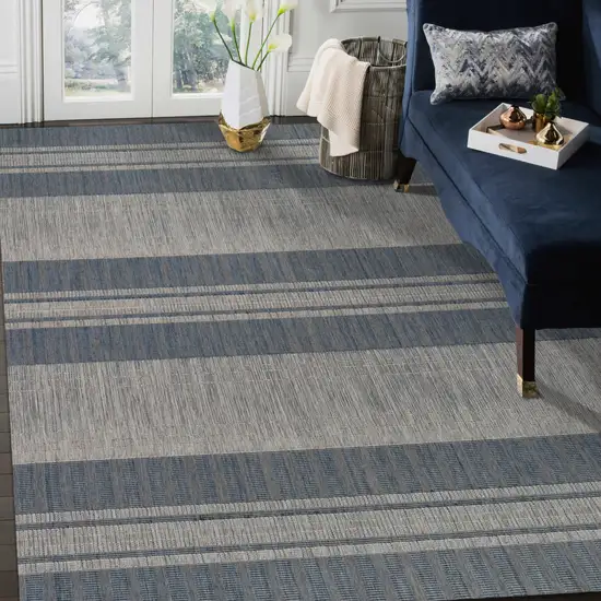 Blue and Gray Striped Stain Resistant Indoor Outdoor Area Rug Photo 6