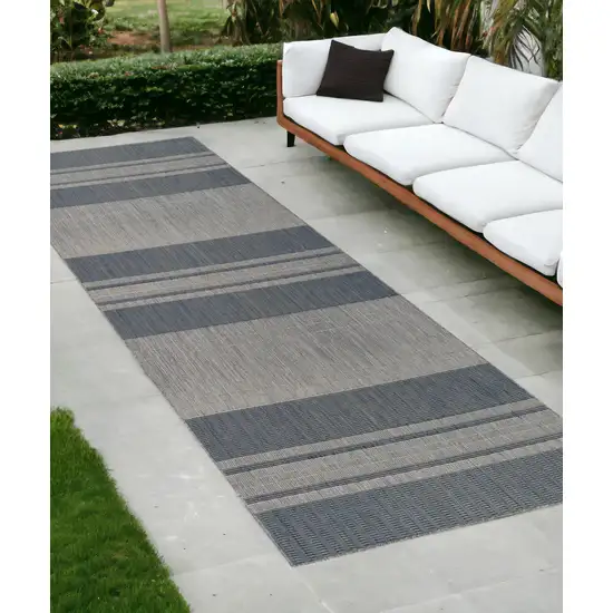 Blue and Gray Striped Stain Resistant Indoor Outdoor Runner Rug Photo 1