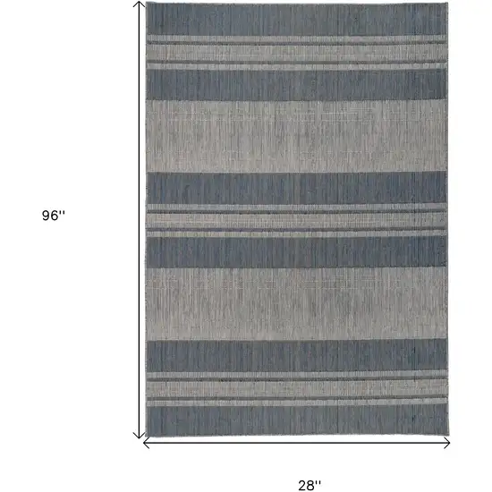 Blue and Gray Striped Stain Resistant Indoor Outdoor Runner Rug Photo 6