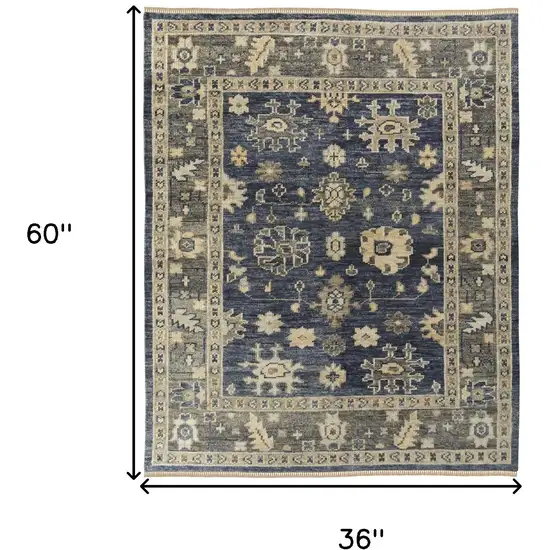 Blue and Gray Wool Floral Hand Knotted Area Rug With Fringe Photo 7