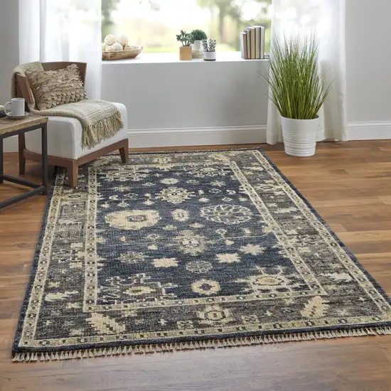 Blue and Gray Wool Floral Hand Knotted Area Rug With Fringe Photo 6