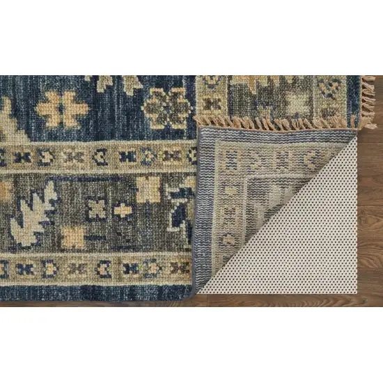 Blue and Gray Wool Floral Hand Knotted Area Rug With Fringe Photo 4