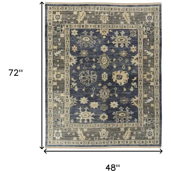 Blue and Gray Wool Floral Hand Knotted Area Rug With Fringe Photo 3