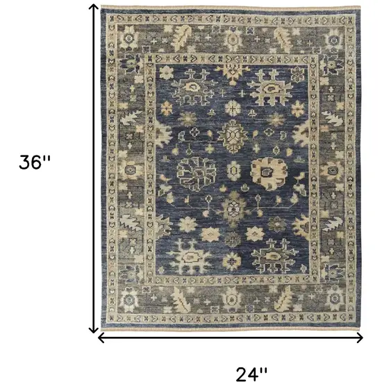 Blue and Gray Wool Floral Hand Knotted Area Rug With Fringe Photo 3