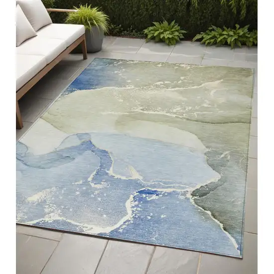 Blue and Green Abstract Washable Indoor Outdoor Area Rug Photo 1