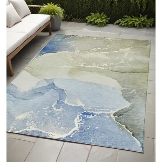 Blue and Green Abstract Washable Indoor Outdoor Area Rug Photo 1