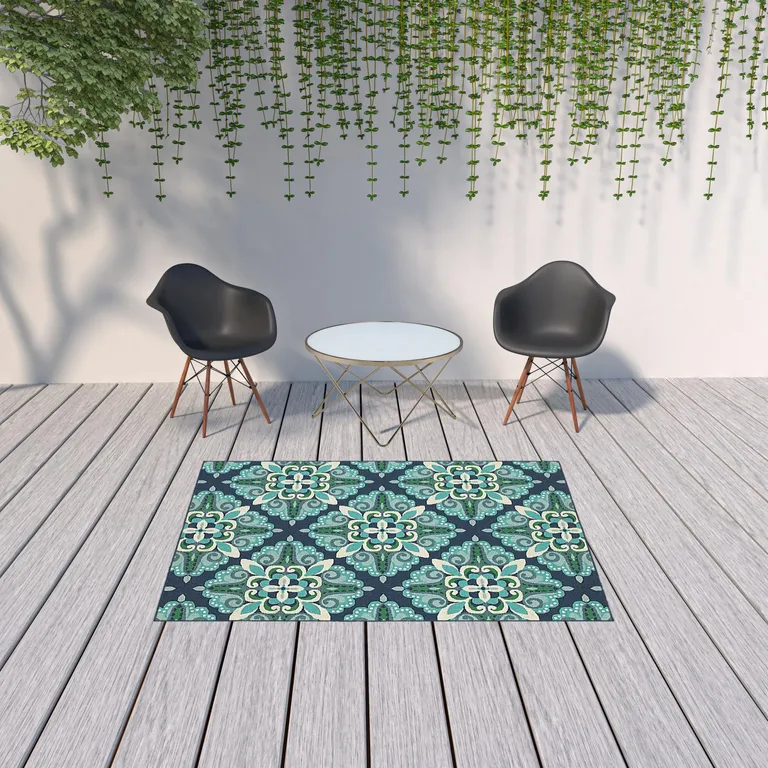 Blue and Green Floral Indoor Outdoor Area Rug Photo 3