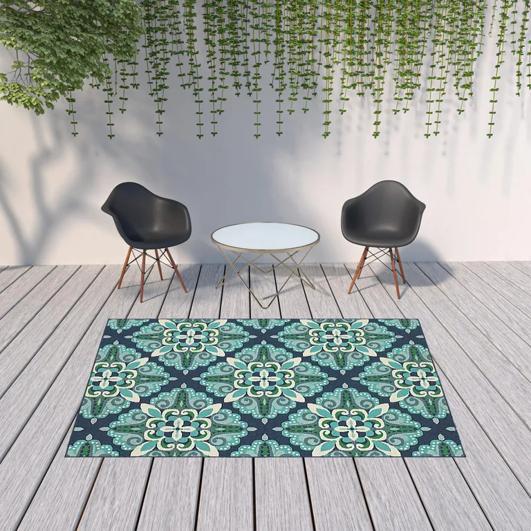 Blue and Green Floral Indoor Outdoor Area Rug Photo 3