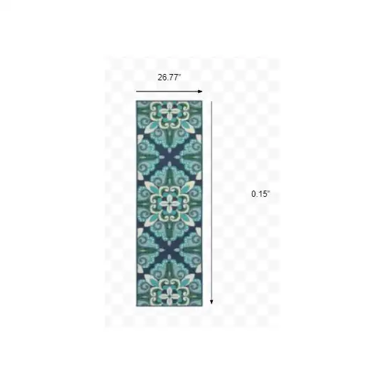 Blue and Green Floral Indoor Outdoor Runner Rug Photo 2