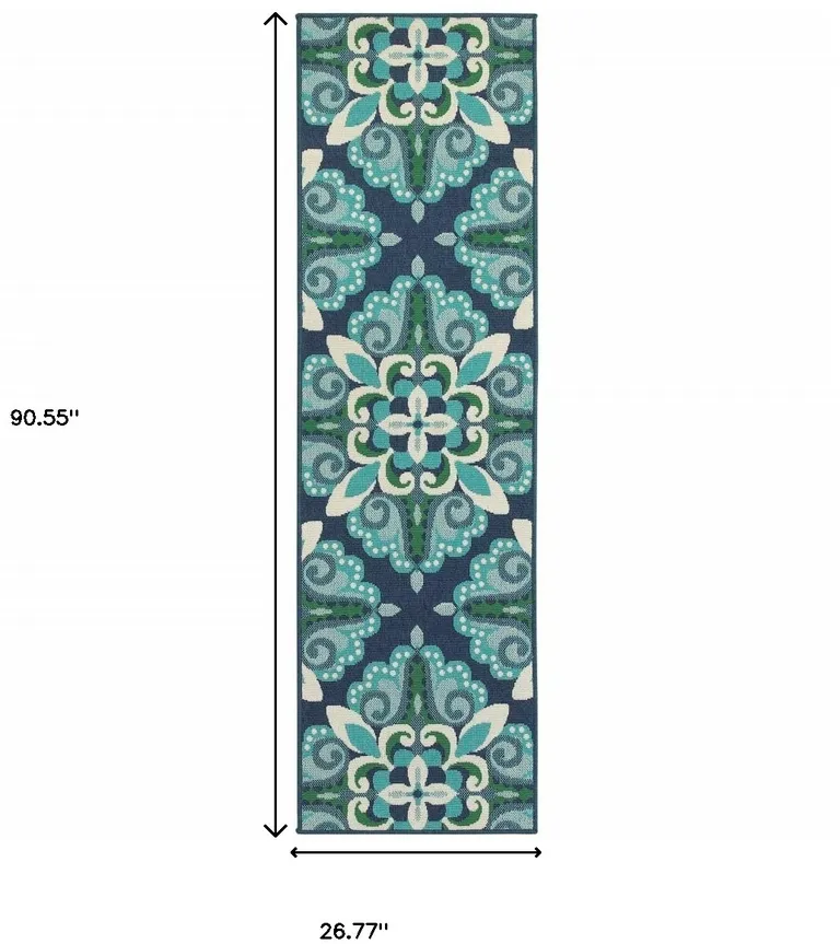 Blue and Green Floral Indoor Outdoor Runner Rug Photo 4