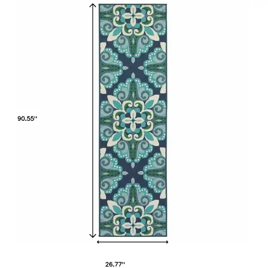 Blue and Green Floral Indoor Outdoor Runner Rug Photo 5