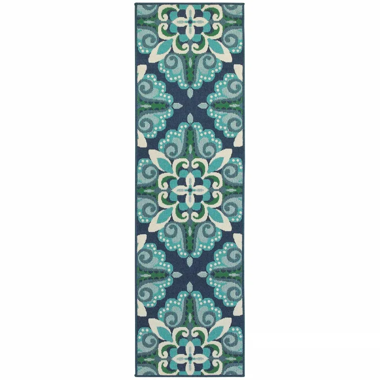 Blue and Green Floral Indoor Outdoor Runner Rug Photo 1