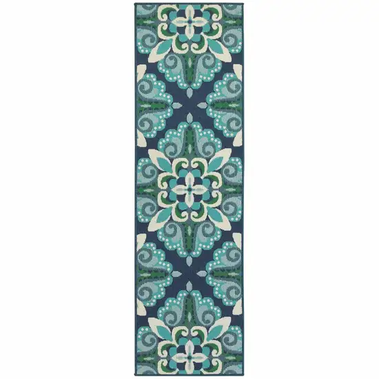 Blue and Green Floral Indoor Outdoor Runner Rug Photo 1