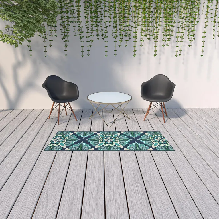 Blue and Green Floral Indoor Outdoor Runner Rug Photo 3