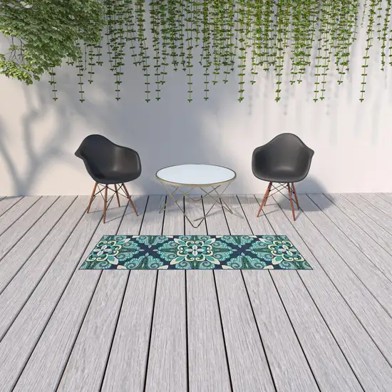 Blue and Green Floral Indoor Outdoor Runner Rug Photo 4