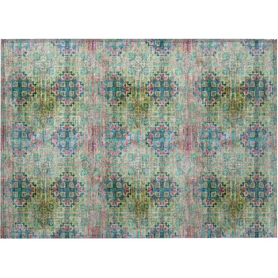 Blue and Green Floral Medallion Washable Non Skid Indoor Outdoor Area Rug Photo 5