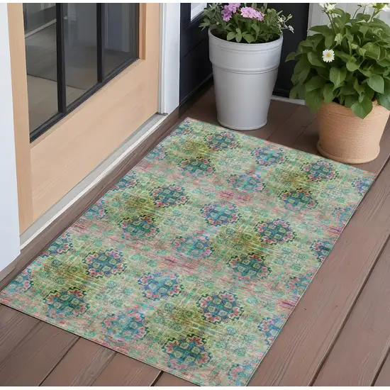 Blue and Green Floral Medallion Washable Non Skid Indoor Outdoor Area Rug Photo 1