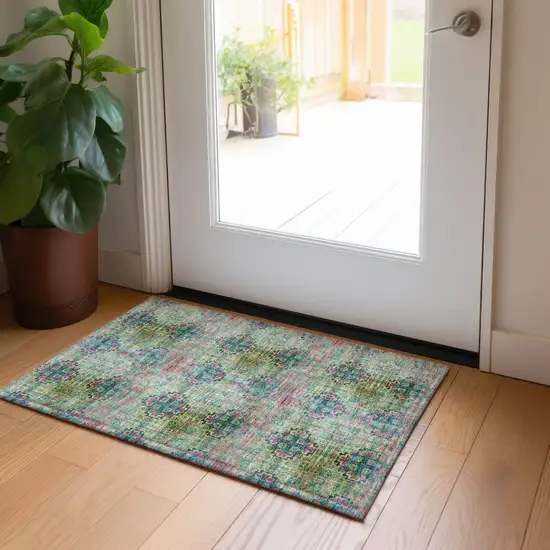 Blue and Green Floral Medallion Washable Non Skid Indoor Outdoor Area Rug Photo 9