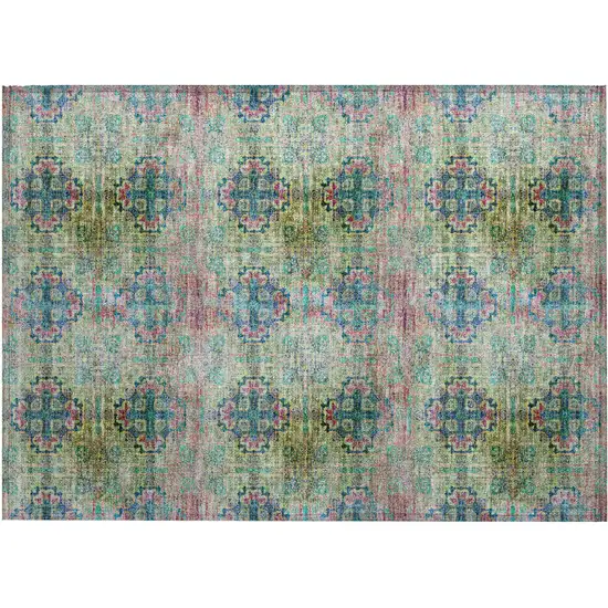 Blue and Green Floral Medallion Washable Non Skid Indoor Outdoor Area Rug Photo 2