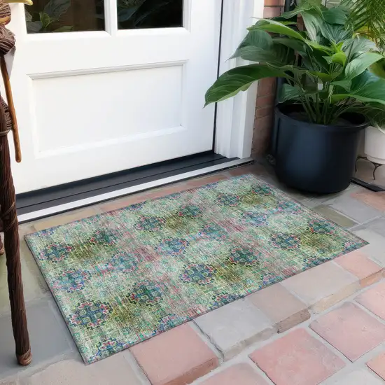 Blue and Green Floral Medallion Washable Non Skid Indoor Outdoor Area Rug Photo 8