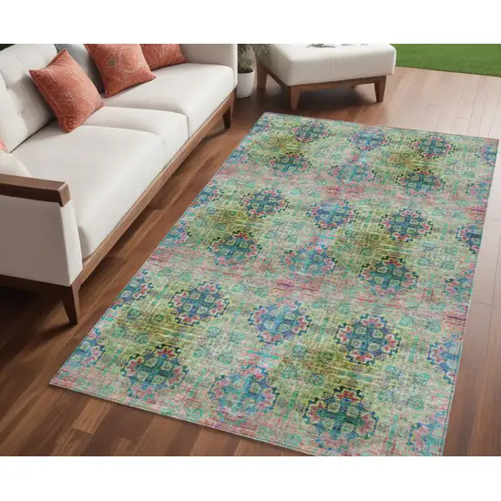 Blue and Green Floral Medallion Washable Non Skid Indoor Outdoor Area Rug Photo 1